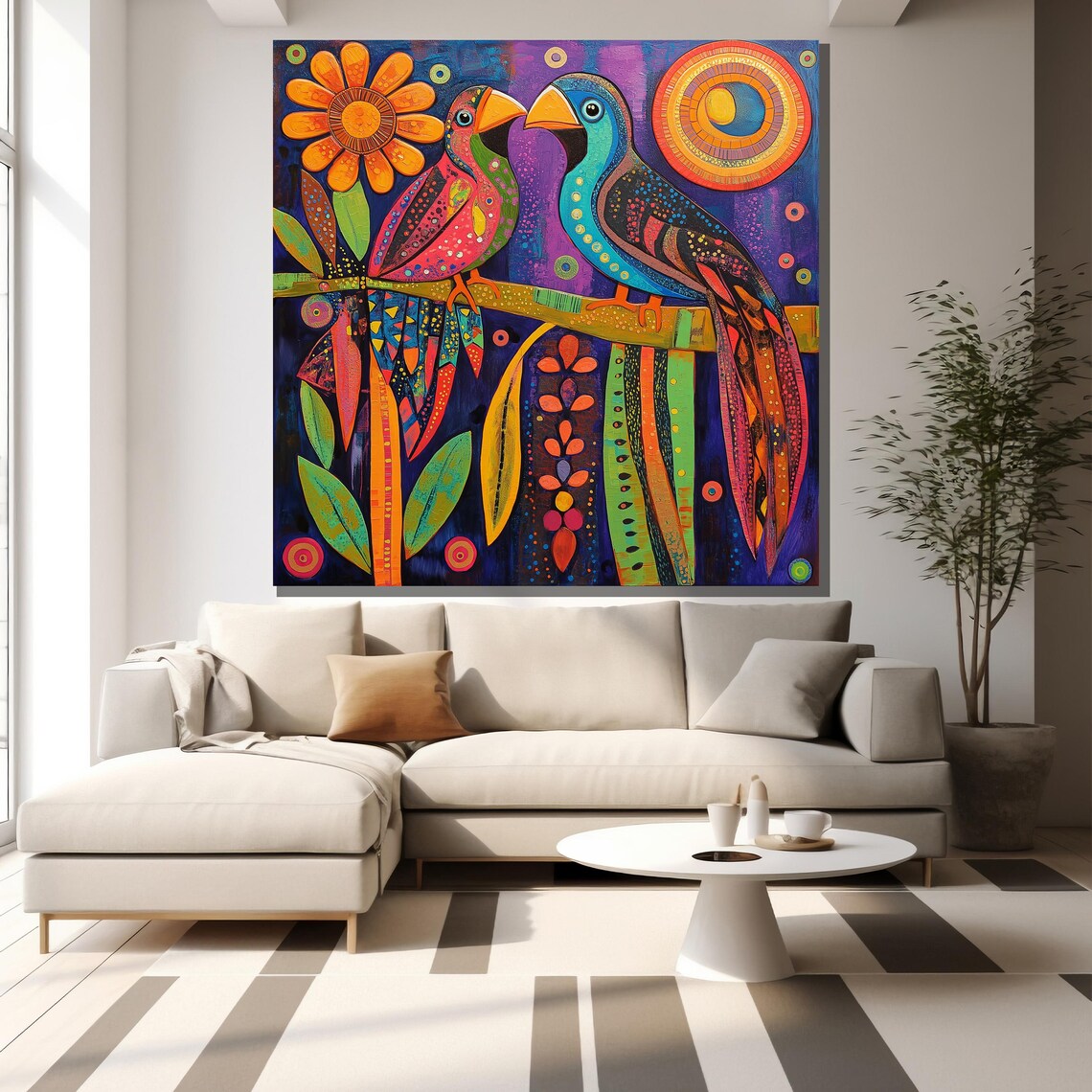 Colorful Parrots Folk Art Vibrant Stylized Pair Birds Wall Art - Image 2