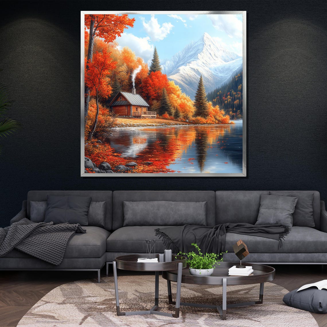 Autumn Cabin Lake Reflection Snowy Mountain Fall Foliage Poster - Image 4