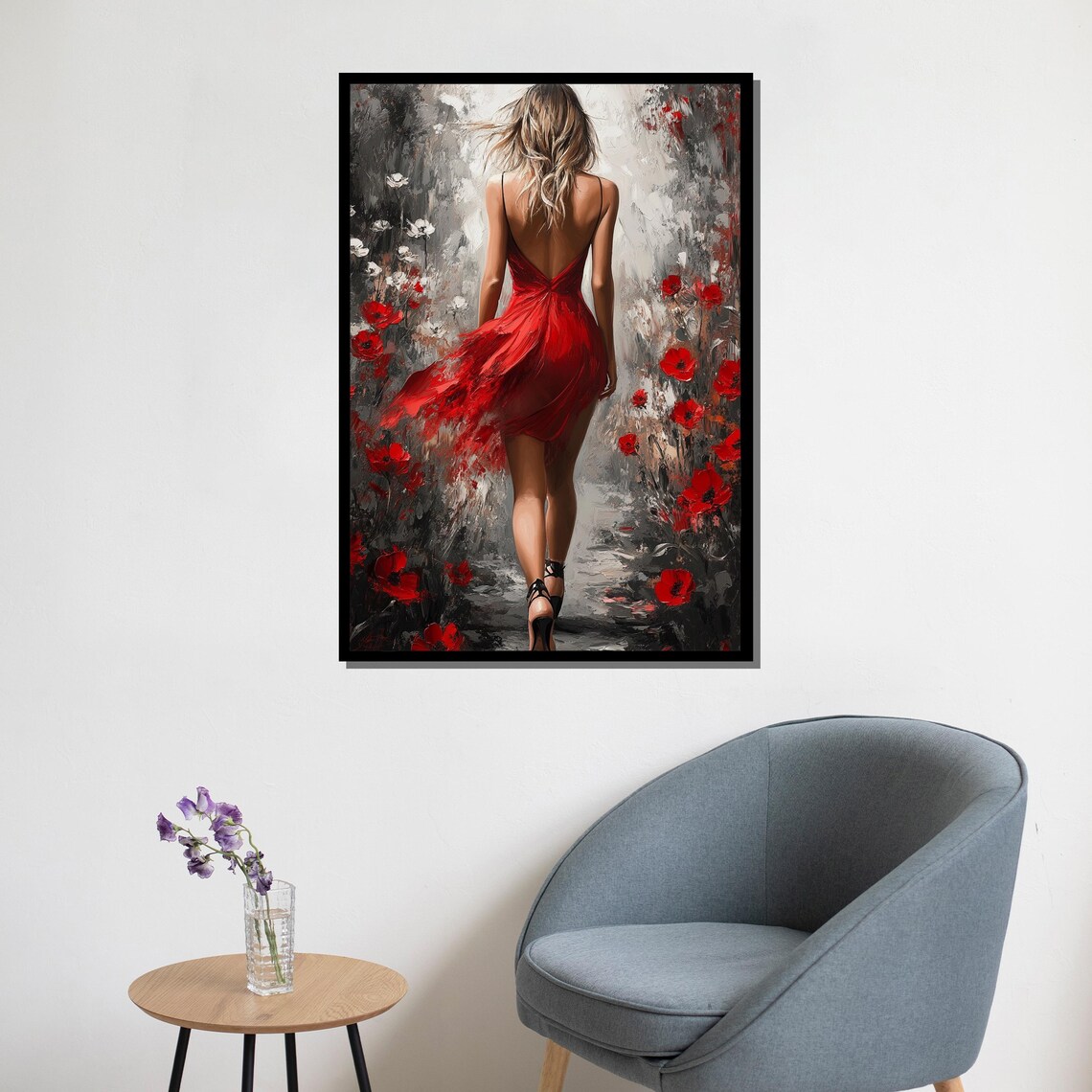 Woman in Red Dress Walking Poppy Field Romantic Floral Art Poster - Image 5