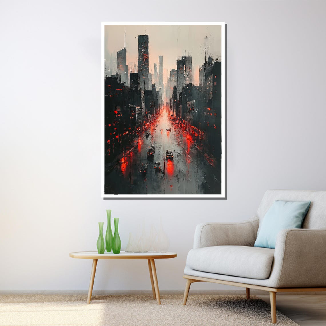 Modern City Avenue Rainy Night Red Lights Urban Nightscape Wall Poster - Image 3