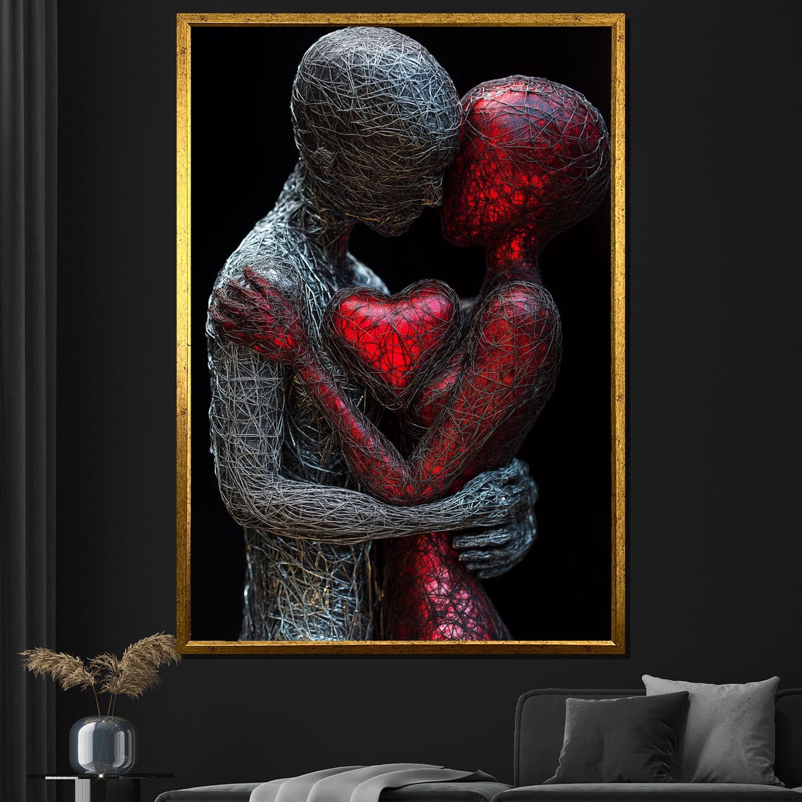 Abstract Wire Sculpture Couple Embrace Glowing Red Heart Wall Poster