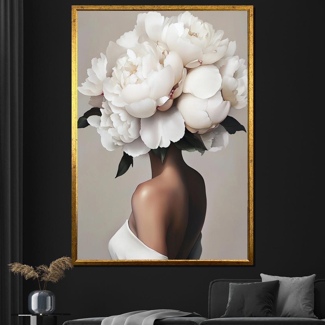 White Peony Flower Head Surreal Woman Back View Elegant Wall Art Print