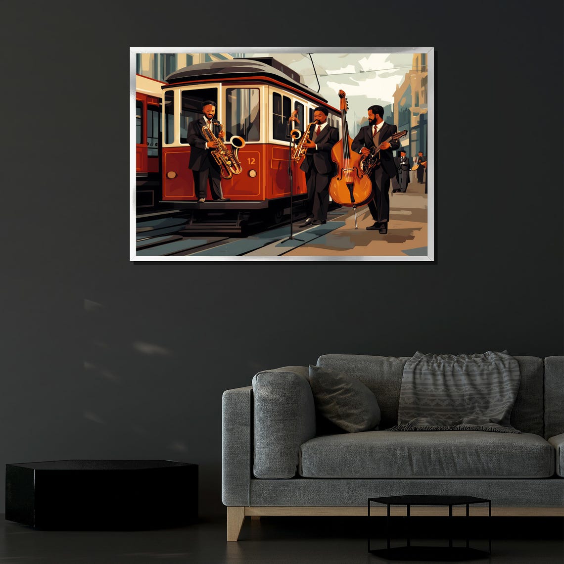 Street Jazz Band Playing Beside Vintage Red Tram Illustration Poster - Image 4