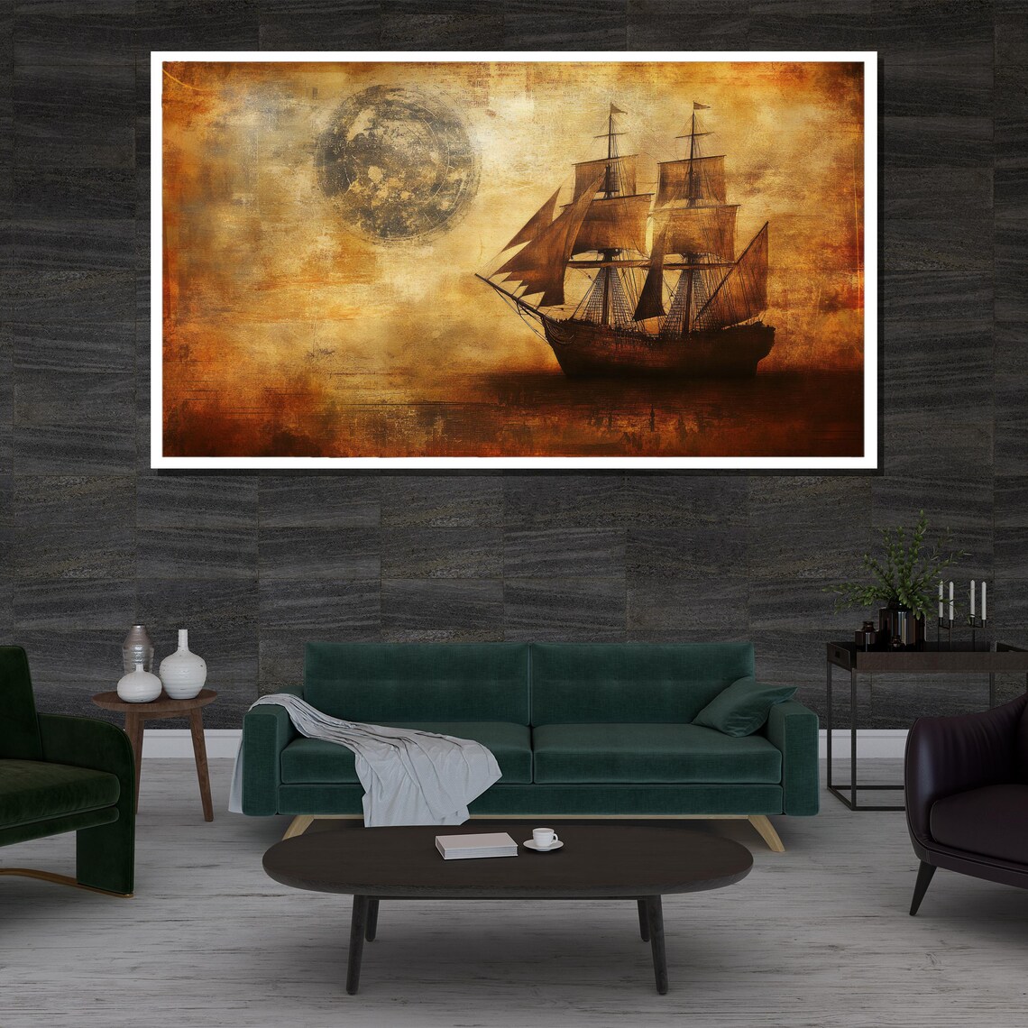 Vintage Ship Painting Nautical Wall Art With Full Moon For Living Room Decor Rustic Maritime Gift - Image 3