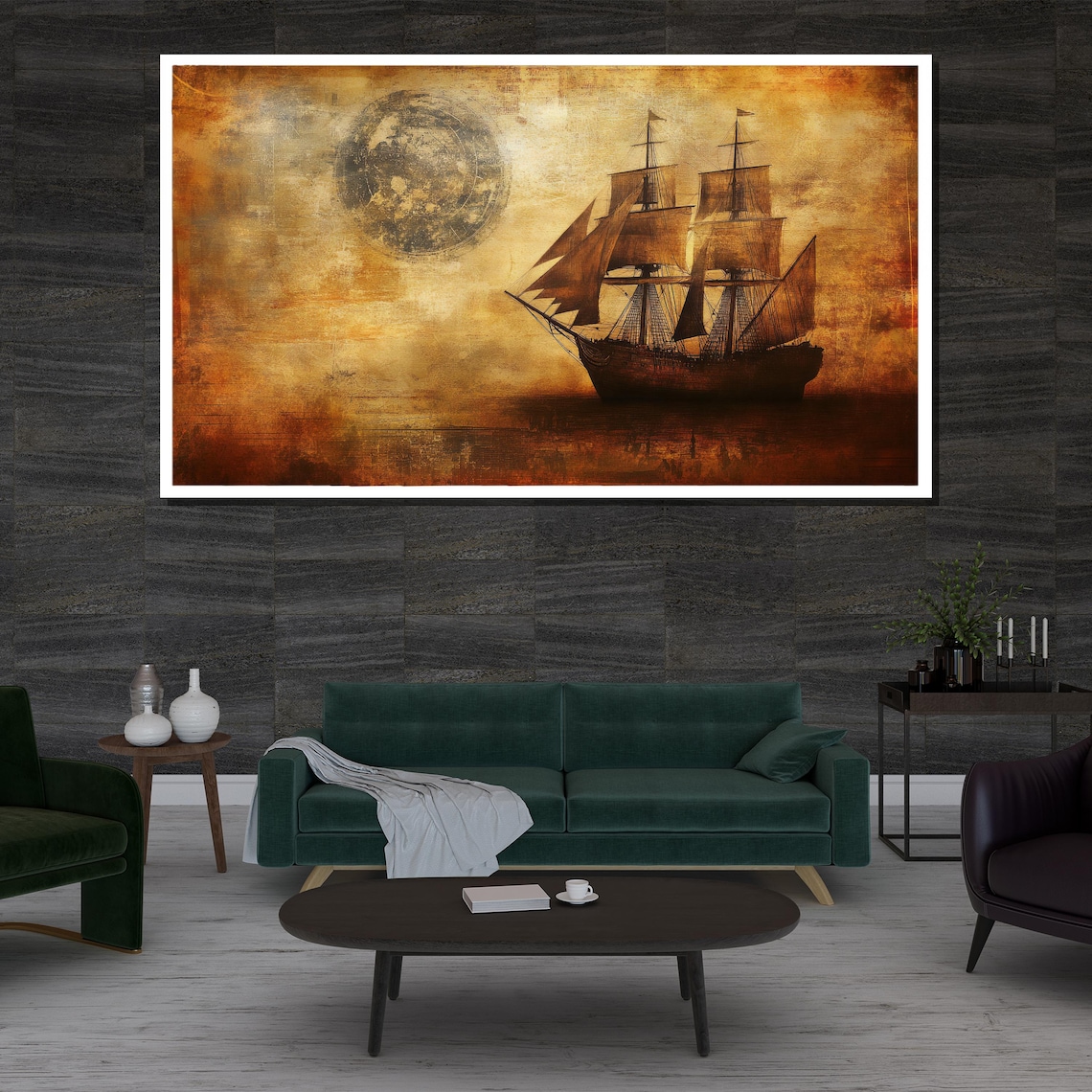 Vintage Tall Ship Full Moon Sepia Grunge Nautical Sailing Poster - Image 3