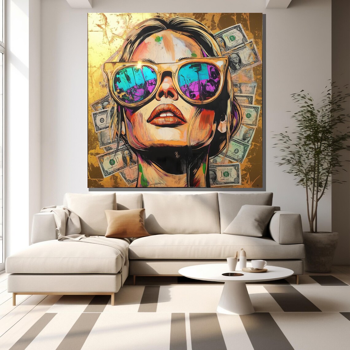 Woman Sunglasses Pop Art Dollar Bills Bold Neon Urban Modern Wall Poster - Image 2