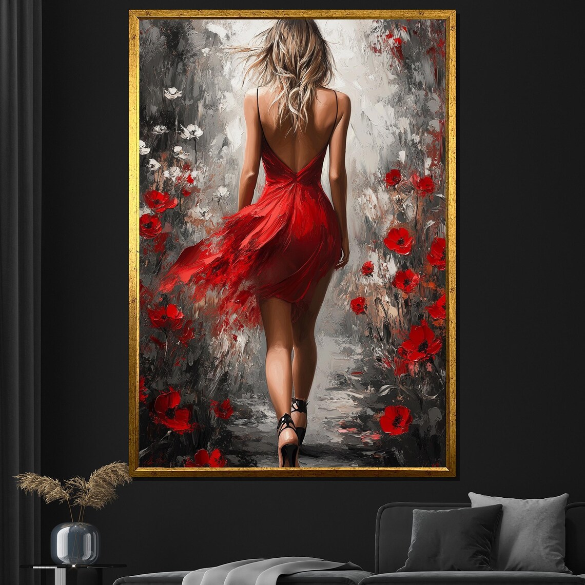 Woman in Red Dress Walking Poppy Field Romantic Floral Art Poster