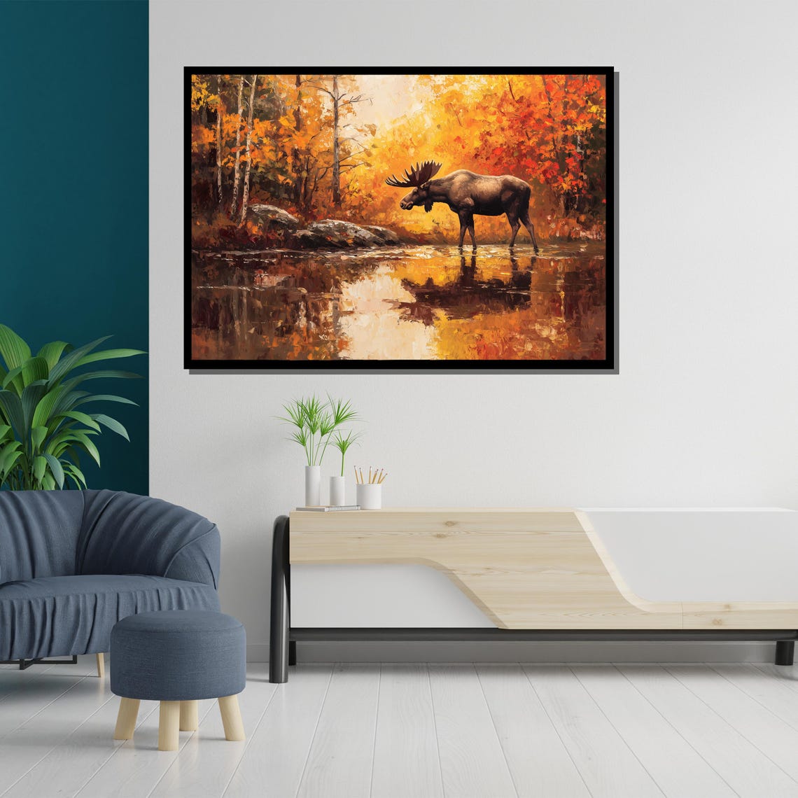 Bull Moose Autumn Forest Lake Reflection Wildlife Art Poster - Image 5