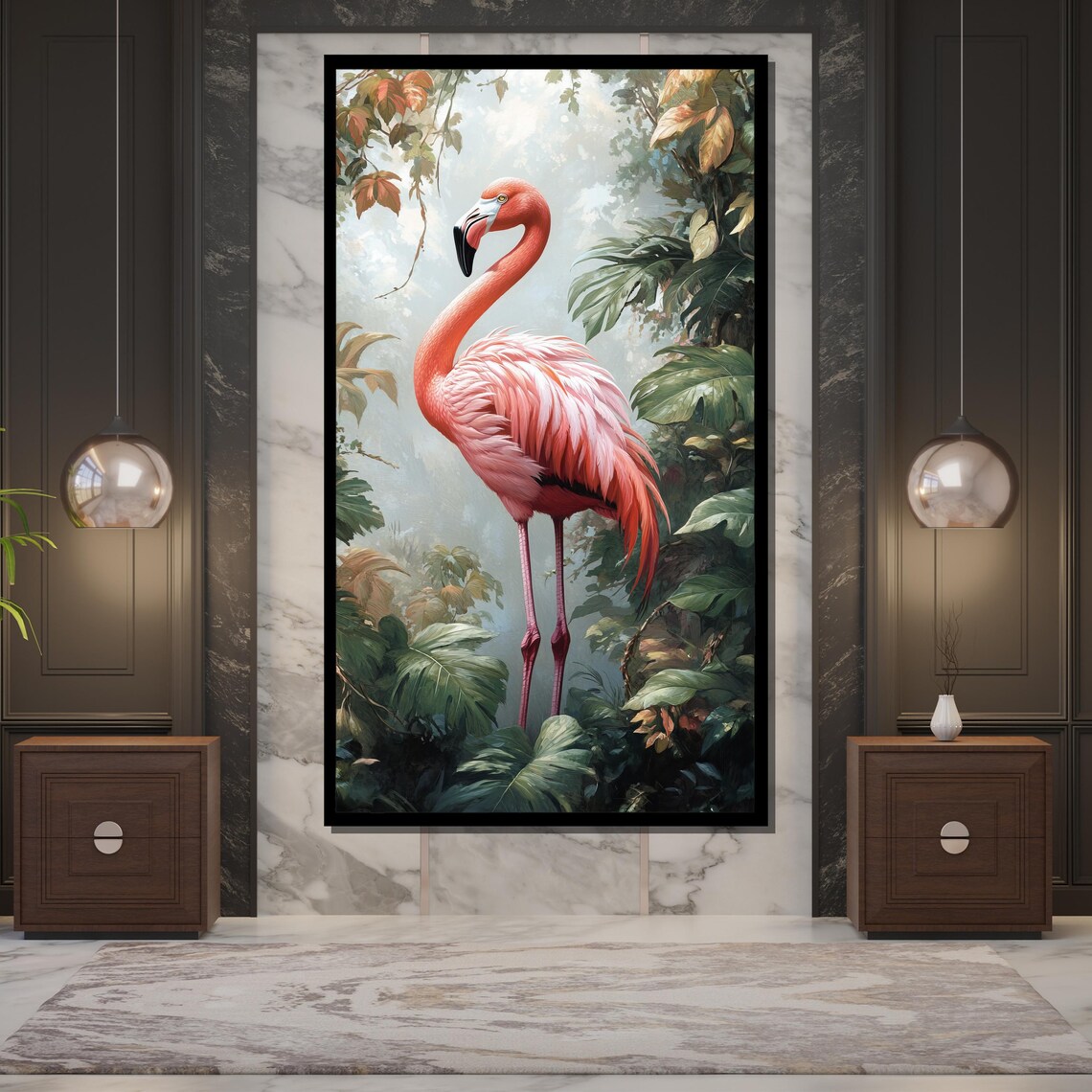 Pink Flamingo Standing In Lush Tropical Jungle Painting Wall Poster - Image 5