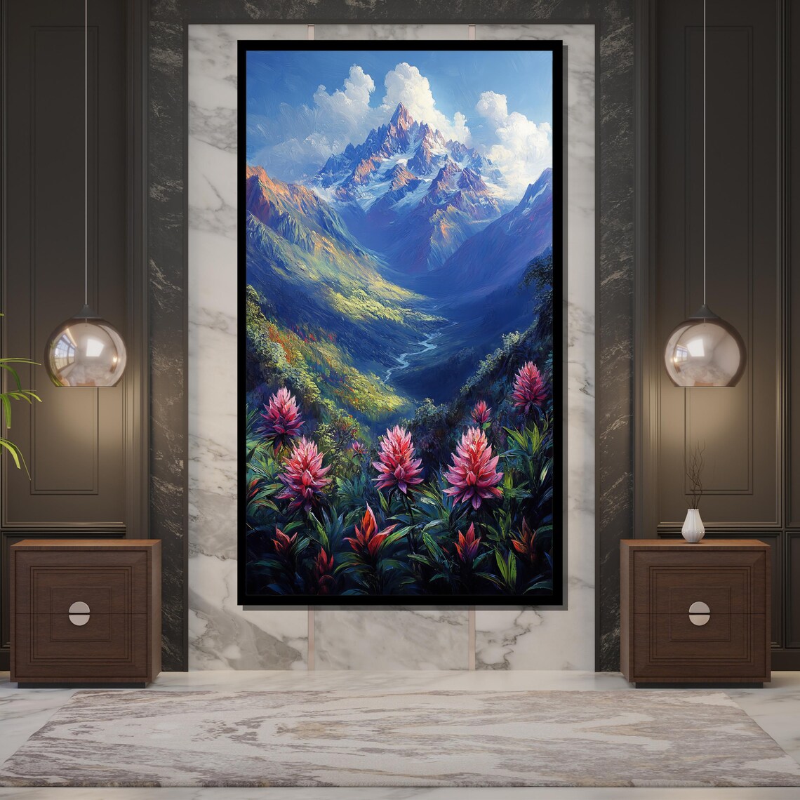 Snowy Mountain Valley Wildflower Meadow Vibrant Nature Painting Poster - Image 5