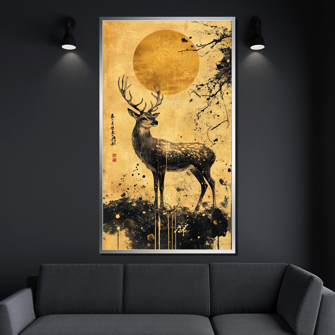 Japanese Ink Deer Golden Moon Sumi Style Elegant Wildlife Art Poster - Image 4