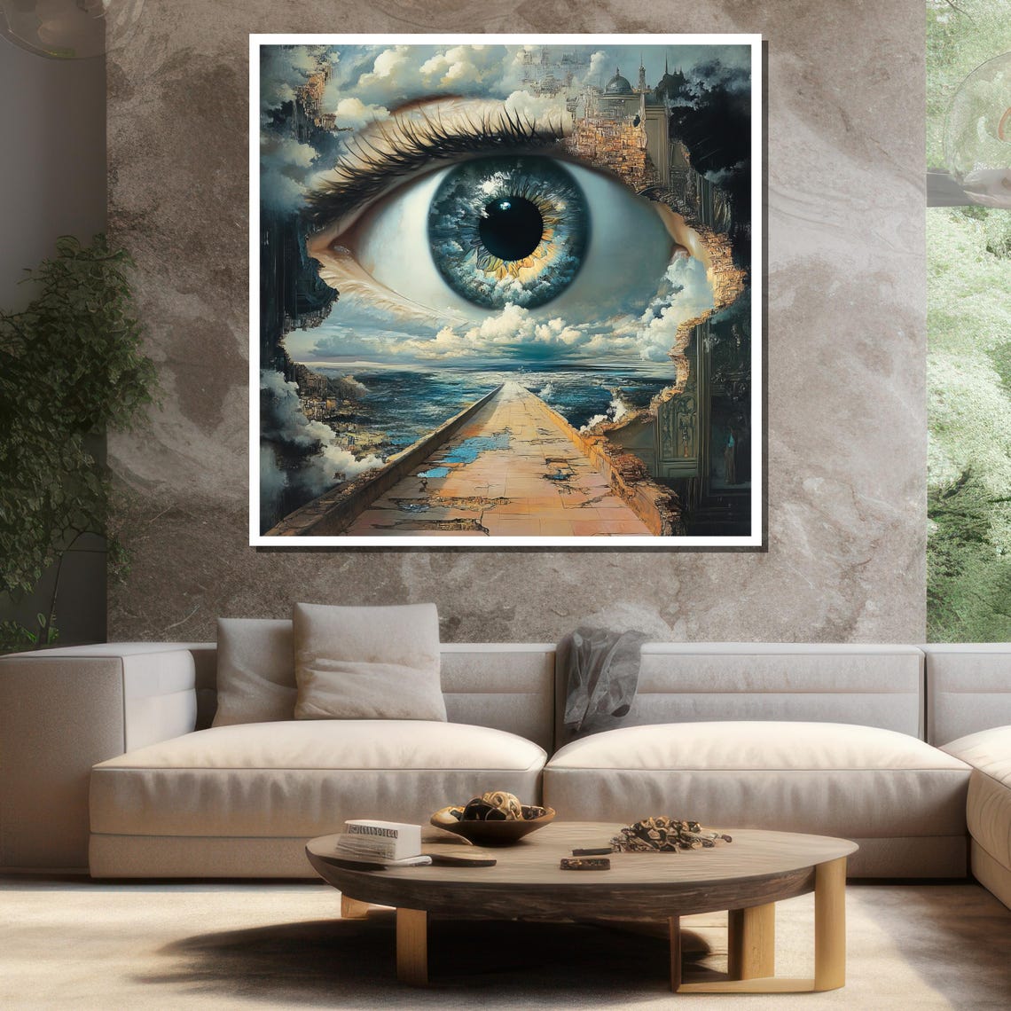Giant Eye Watching Over Ocean And Cloud Cities Surreal Poster - Image 3