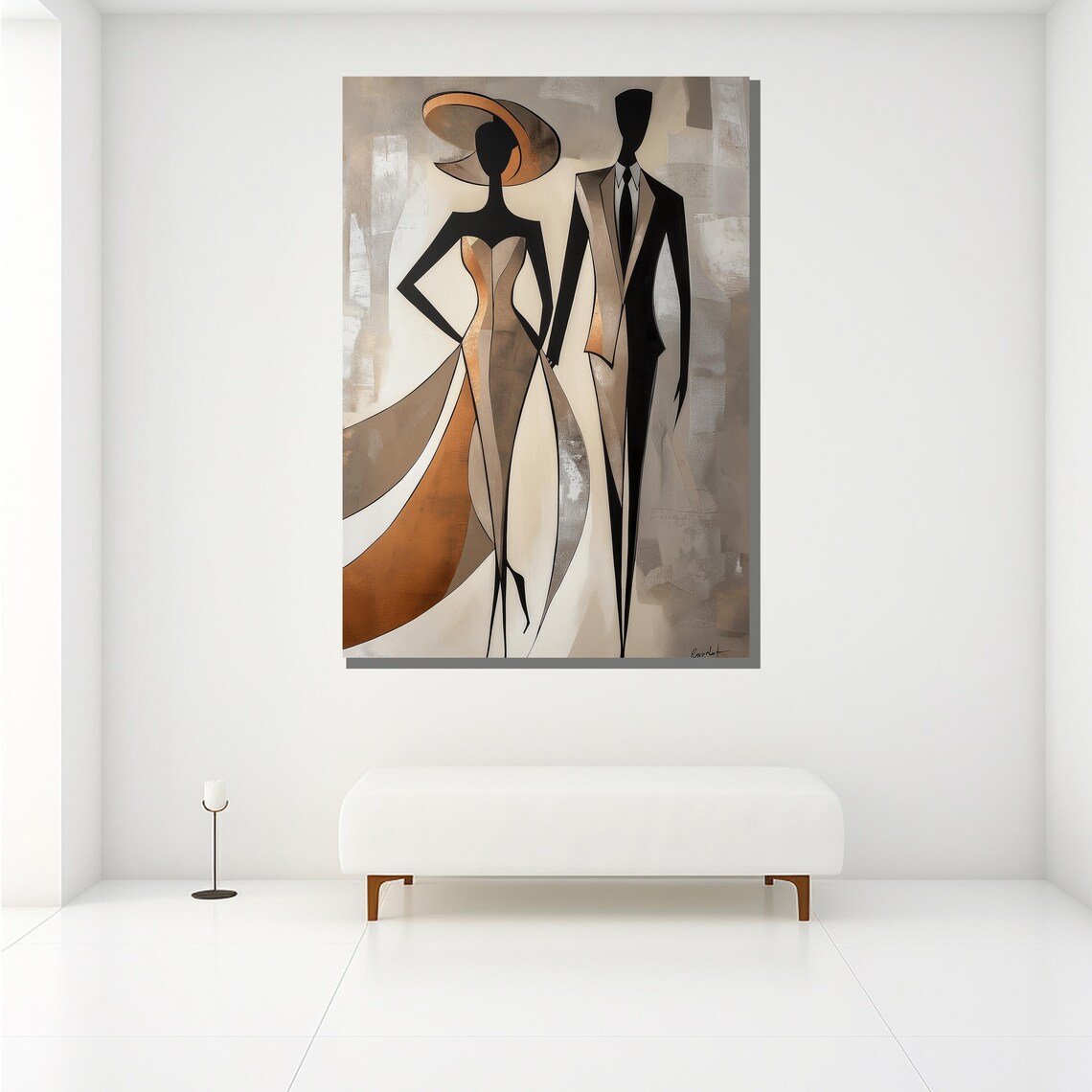 Elegant Minimalist Couple Silhouette Art Deco Gold Beige Wall Poster - Image 2
