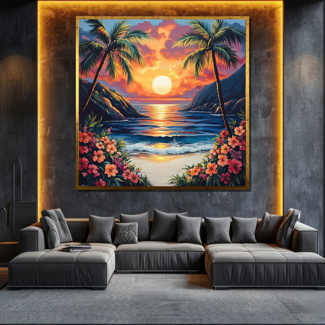 Tropical Sunset Cove Palm Framed Ocean Cliffs Hibiscus Paradise Poster