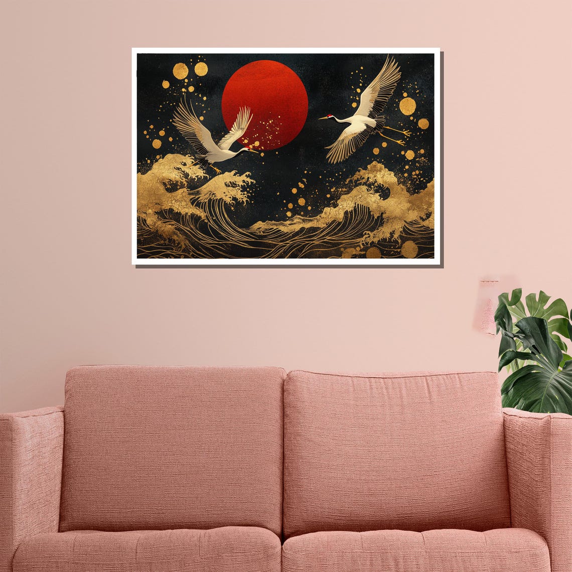 Japanese Cranes Red Sun Gold Ocean Wave Elegant Japanese Art Poster - Image 3