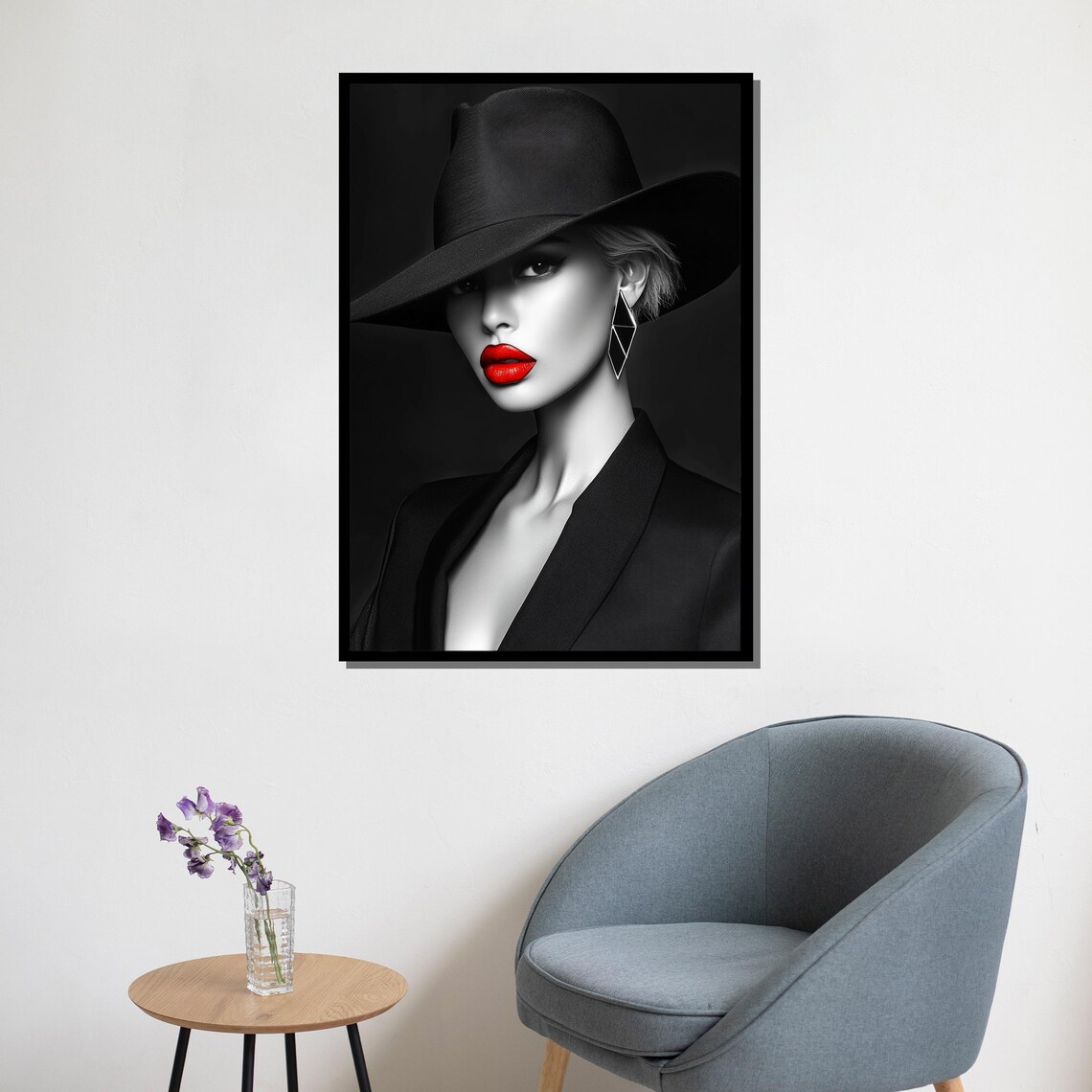 Black Hat Red Lips Woman Bold Monochrome Fashion Portrait Wall Poster - Image 5