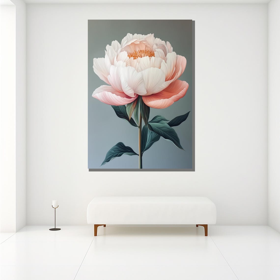 Pink Peony Single Bloom Painting Soft Blue Background Elegant Wall Art - Image 2