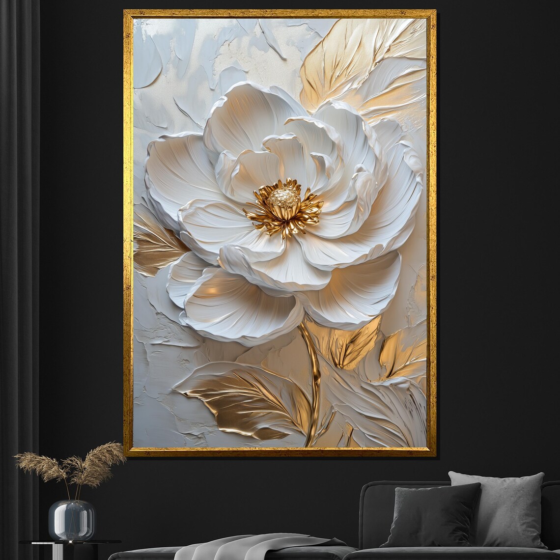Elegant White 3D Textured Flower Gold Center Luxury Wall Art Poster