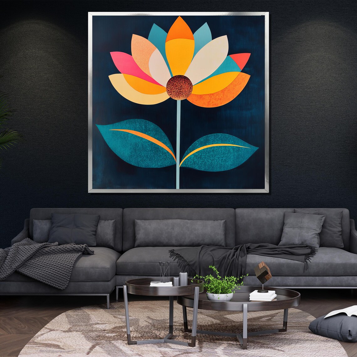 Colorful Geometric Flower On Dark Blue Modern Minimalist Art Poster - Image 4