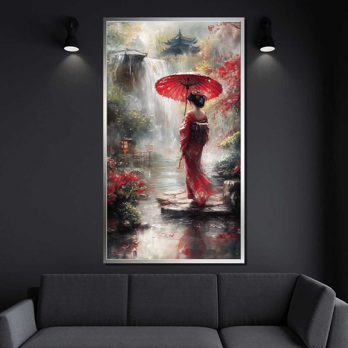 Geisha With Red Umbrella In Japanese Garden Waterfall Art Poster - Image 4