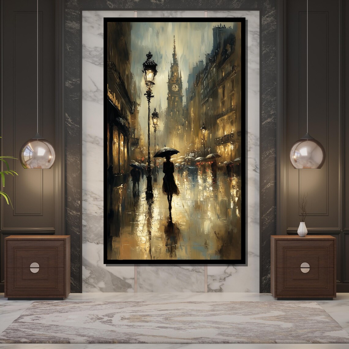Romantic Rainy Street Umbrella Silhouette Vintage Gas Lamp City Poster - Image 5