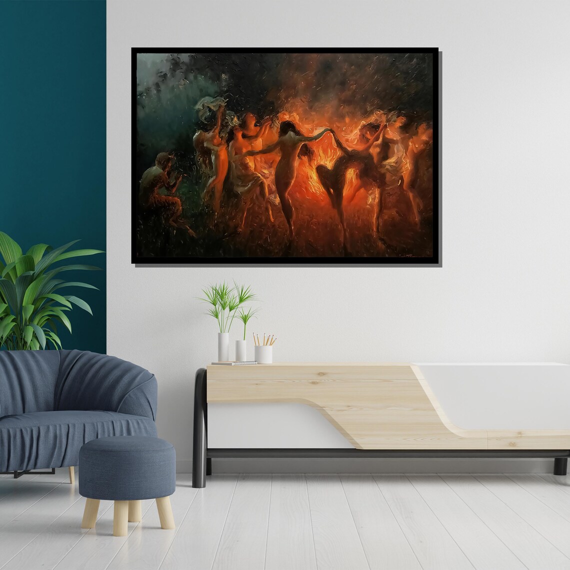 Fire Dance Night Painting Women Dancing Around Bonfire Flames Poster - Image 5
