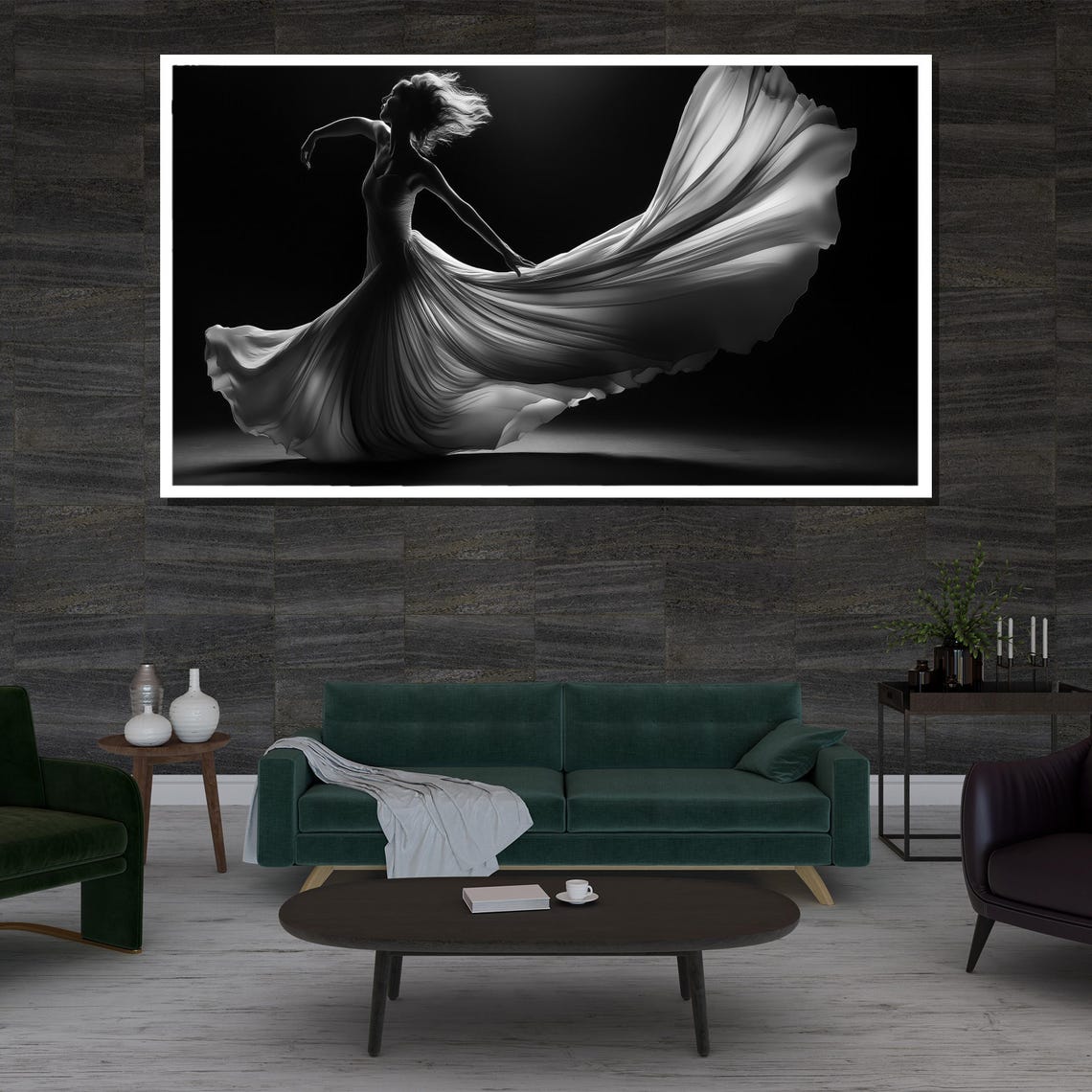 Woman Dancing In Flowing Gown Black And White Dramatic Art Poster - Image 3