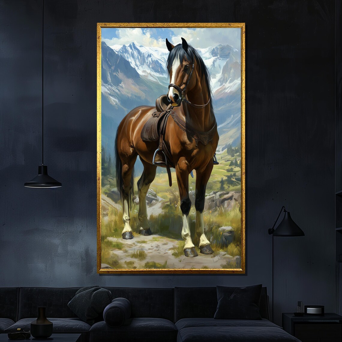 Saddled Brown Horse In Snowy Mountain Landscape Painting Wall Poster