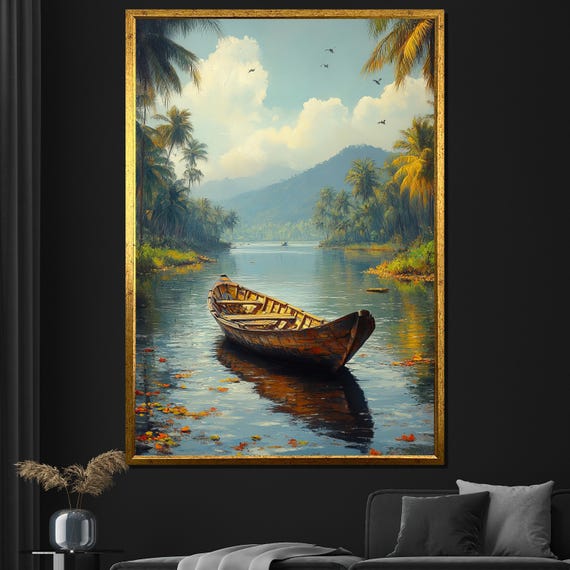 Tranquil Boat On Lake Painting Scenic Wall Art For Living Room Peaceful Nature Inspired Decor Gift