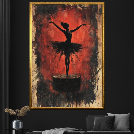 Dark Ballerina Music Box Silhouette On Red Grunge Background Poster