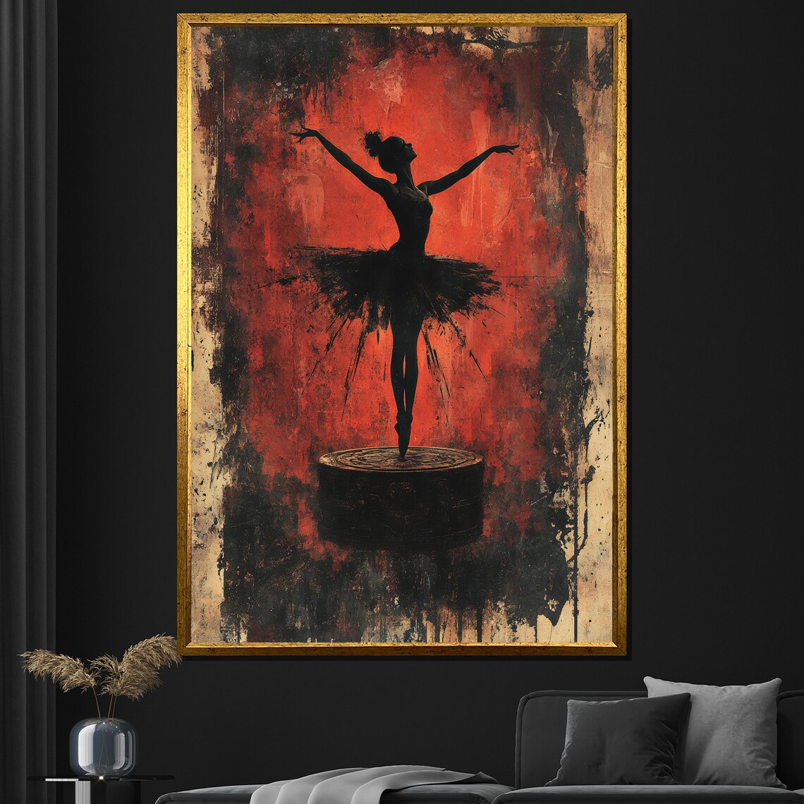 Dark Ballerina Music Box Silhouette On Red Grunge Background Poster