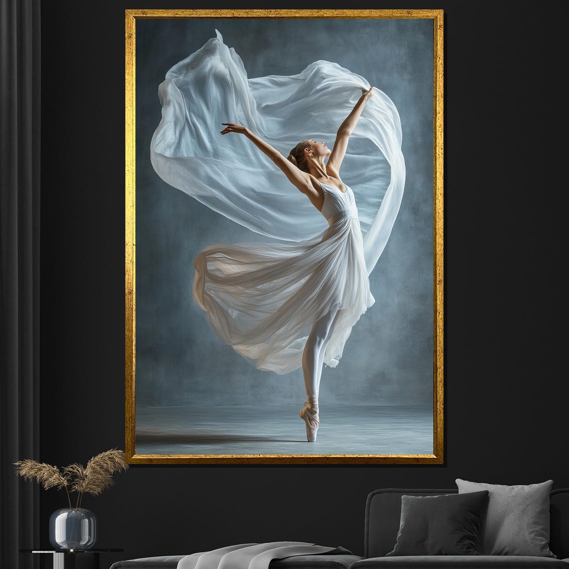 Graceful Ballerina In White Flowing Dress En Pointe Artistic Poster