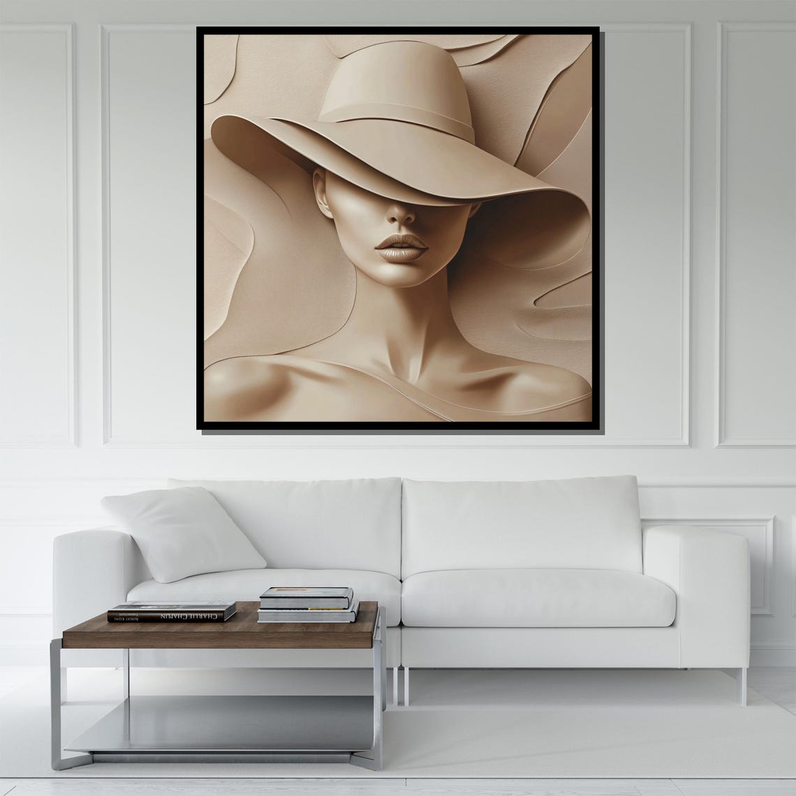 Monochrome Woman Wide Brim Hat Sculptural 3D Relief Neutral Wall Art - Image 5