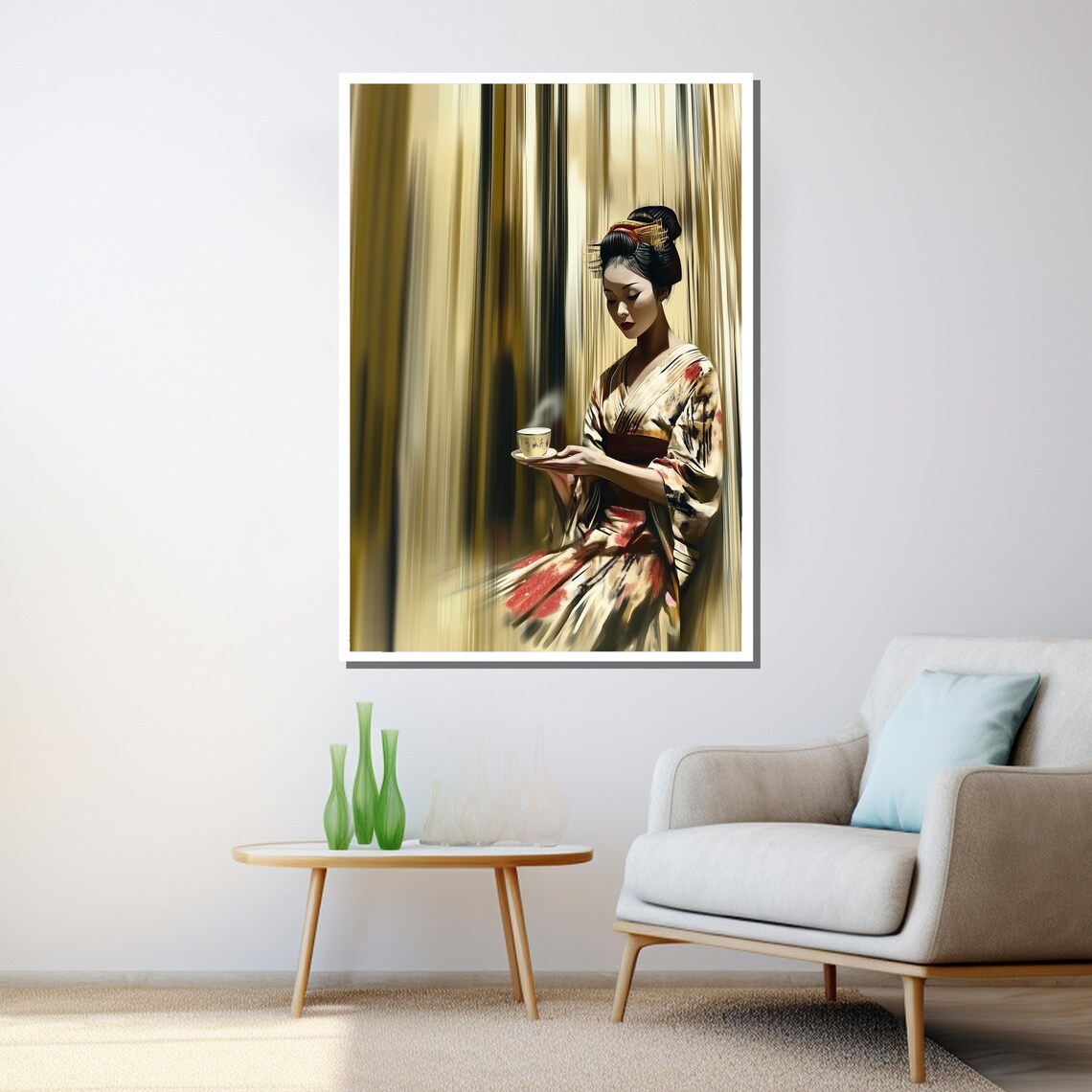 Elegant Geisha Tea Ceremony Gold Red Kimono Japanese Art Poster - Image 3