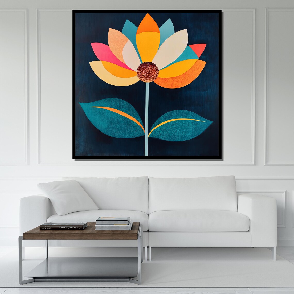 Colorful Geometric Flower On Dark Blue Modern Minimalist Art Poster - Image 5