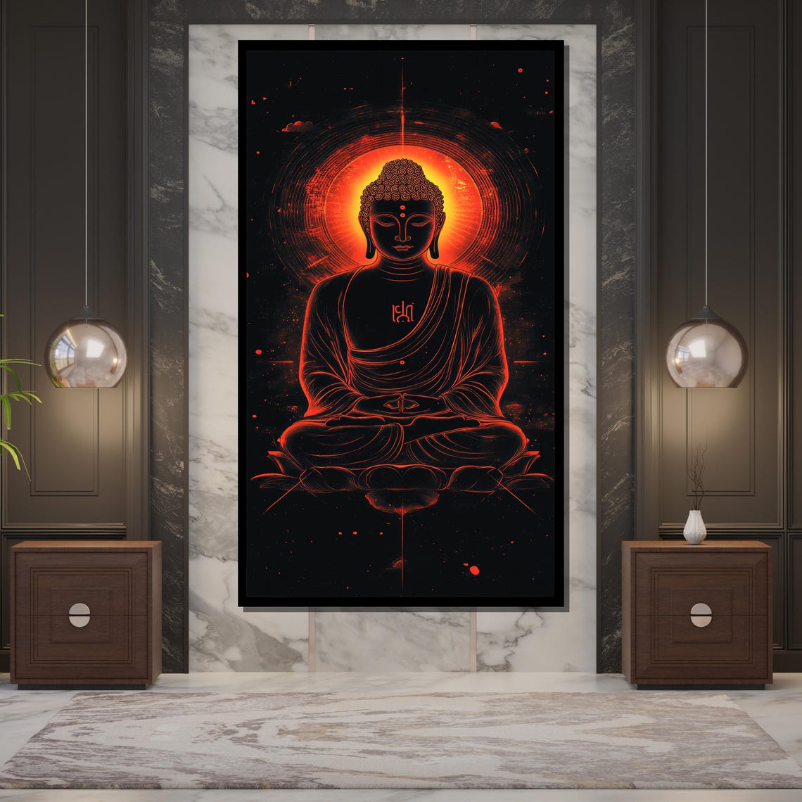 Glowing Red Neon Buddha Outline Halo Dramatic Modern Zen Art Poster - Image 5
