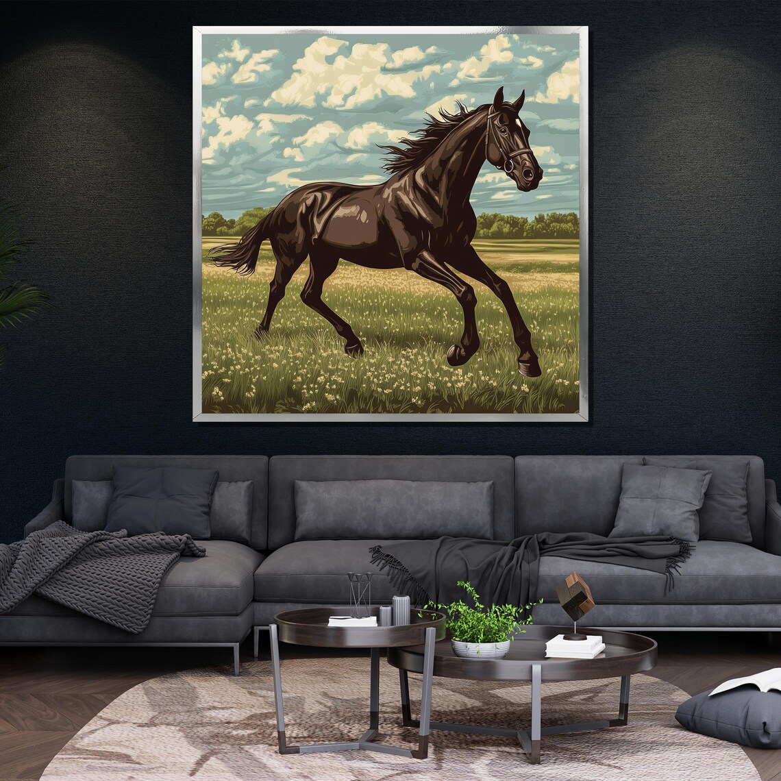 Dark Horse Running Meadow Majestic Equestrian Gallop Wall Art - Image 4
