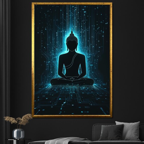 Futuristic Buddha Silhouette Glowing Blue Digital Matrix Art Poster