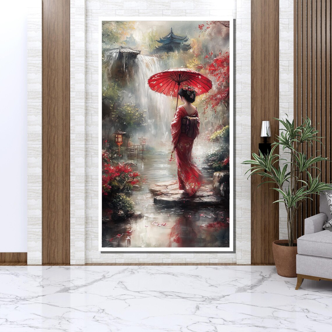 Geisha With Red Umbrella In Japanese Garden Waterfall Art Poster - Image 3