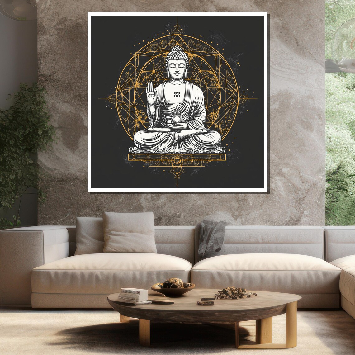 Buddha Blessing Geometric Gold Mandala Black Modern Spiritual Wall Poster - Image 3