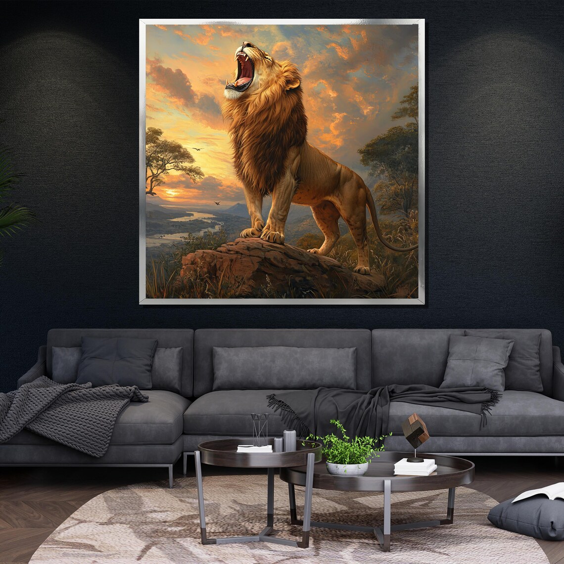 Roaring Lion On Rock Sunset Savanna Majestic Wildlife Poster - Image 4