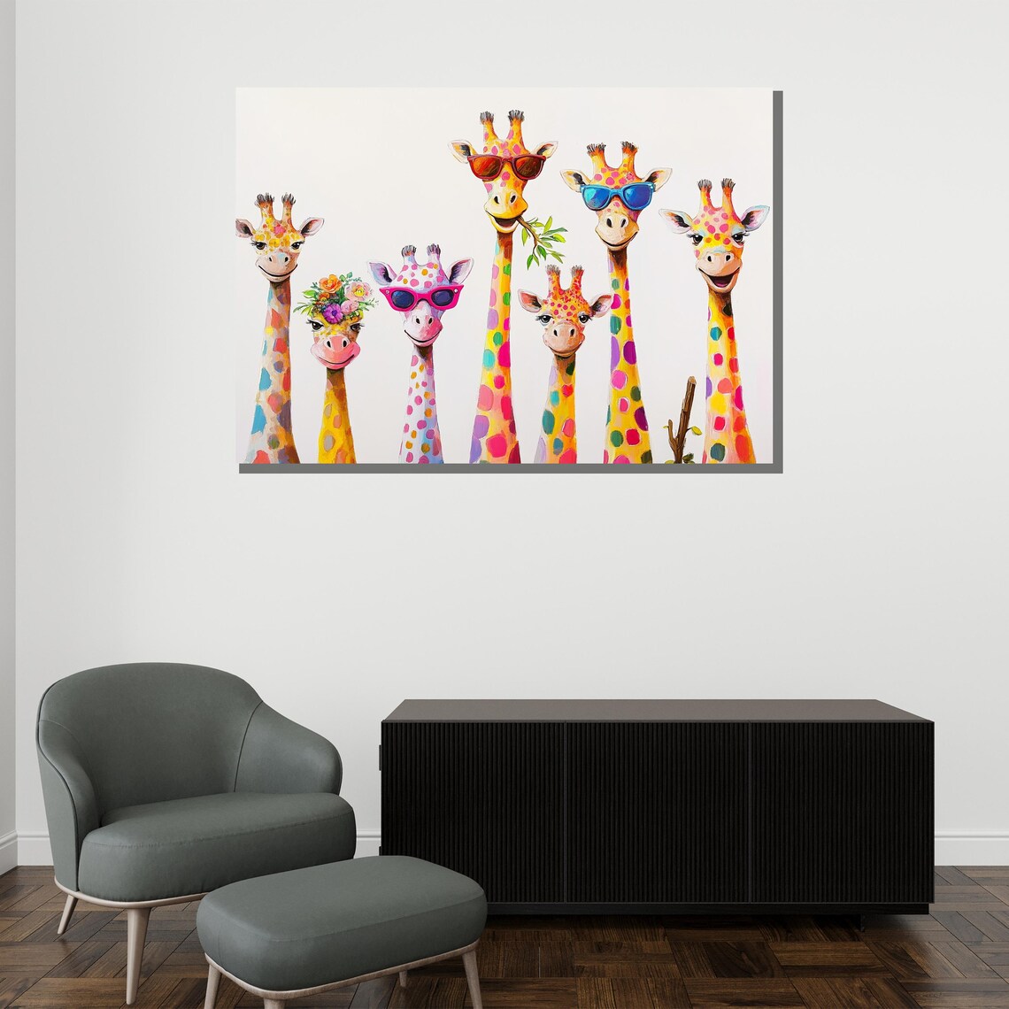 Seven Colorful Giraffes Sunglasses Painting Whimsical Fun Safari Animal Wall Art Poster - Image 2
