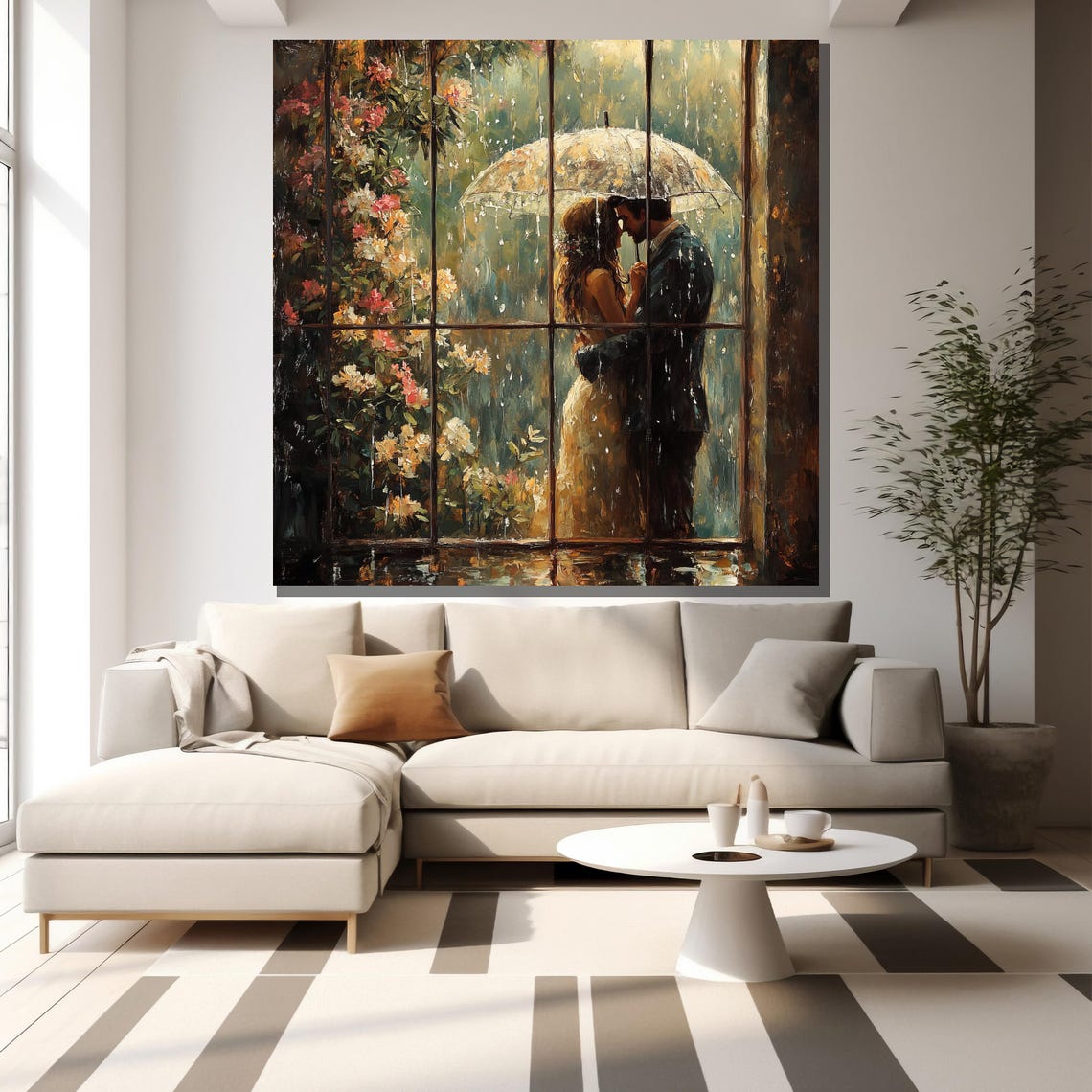 Romantic Couple Rainy Window Umbrella Kiss Floral Painting Wall Poster - Image 2
