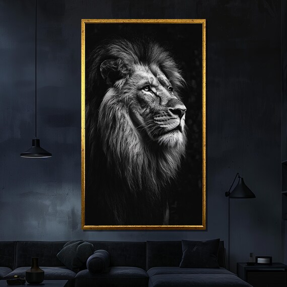 Black White Lion Portrait Dramatic Monochrome Majestic Wildlife Poster