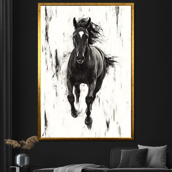 Black Horse Painting Modern Equestrian Wall Art For Living Room Bold Animal Decor Unique Gift For Horse Lovers