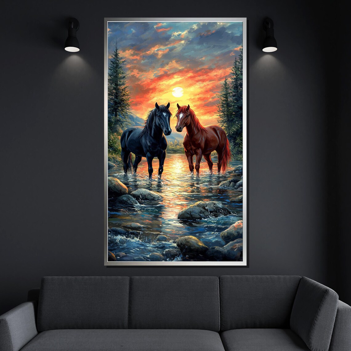 Two Horses In Stream Sunset Black Chestnut Mountain Water Poster - Image 4