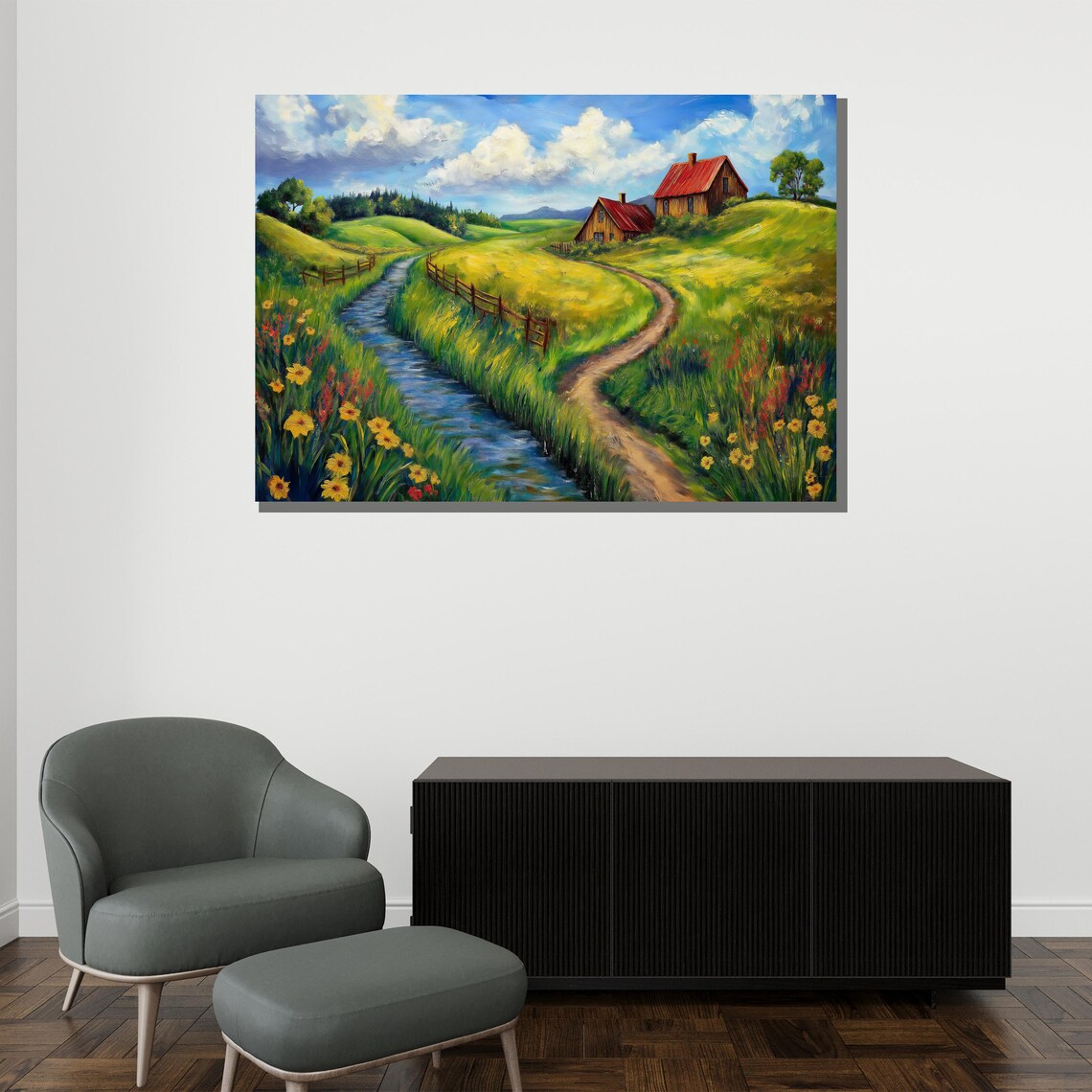 Countryside Farmhouse With Stream And Wildflowers Scenic Art Poster - Image 2
