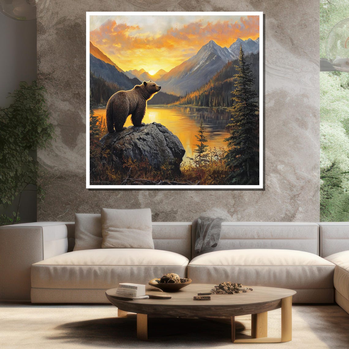 Grizzly Bear On Rock Mountain Lake Sunset Pine Forest Wildlife Poster - Image 3