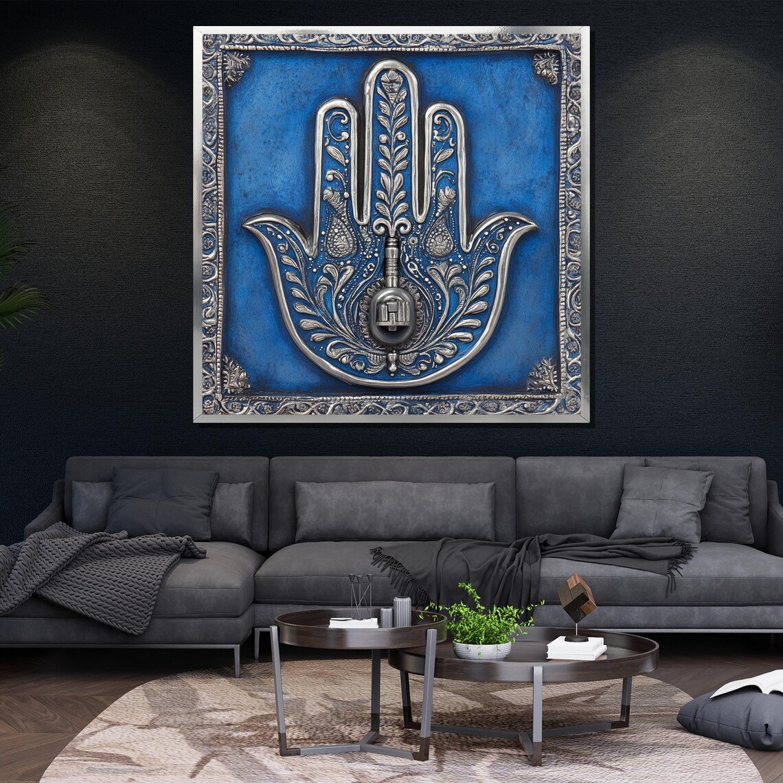 Ornate Silver Hamsa Hand Blue Boho Spiritual Protection Wall Art Poster - Image 4
