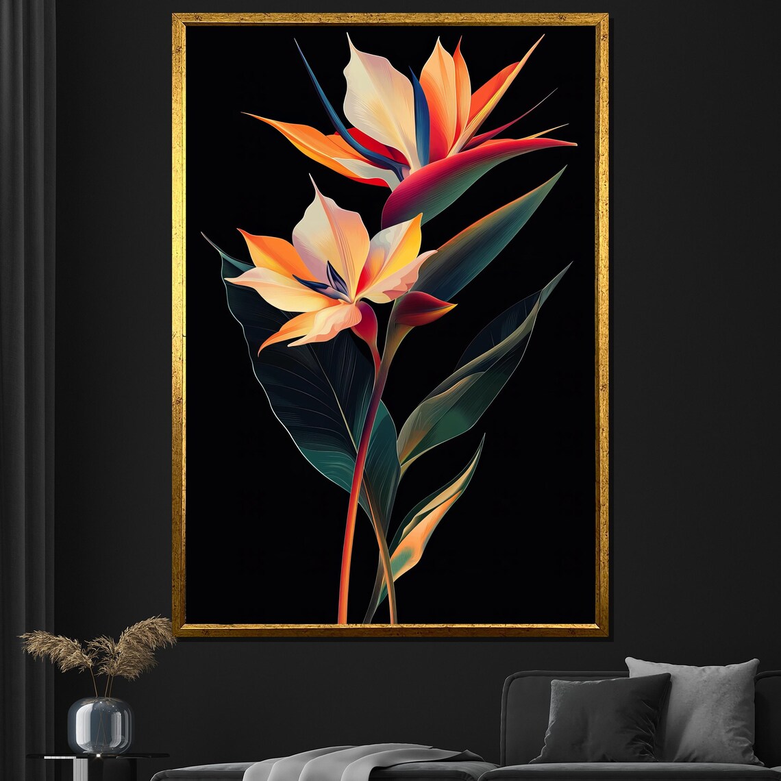 Bird Of Paradise Tropical Flowers On Black Background Art Poster